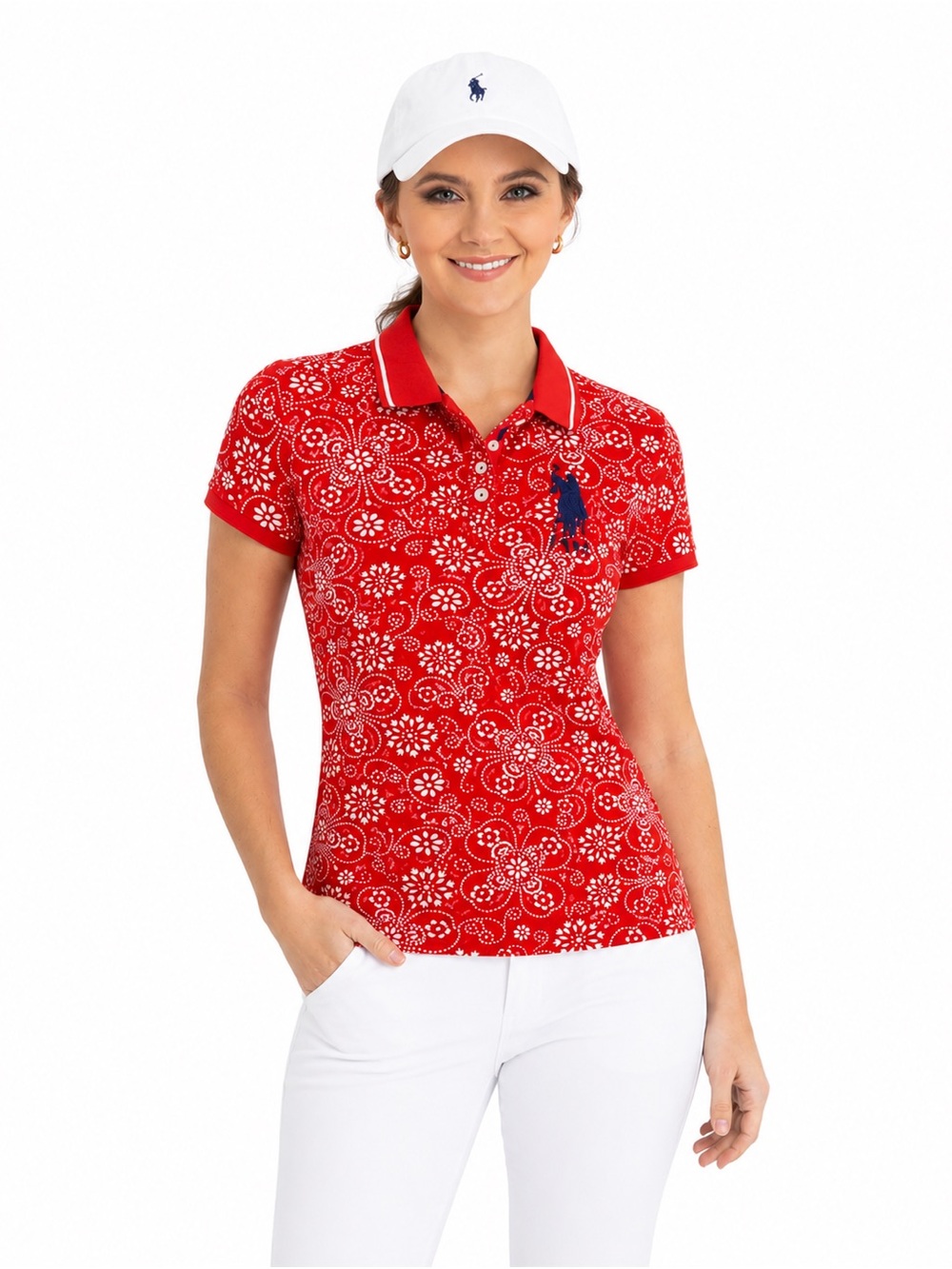 U.S. Polo Assn. Red Floral Print Polo Shirt - Women's, size XS